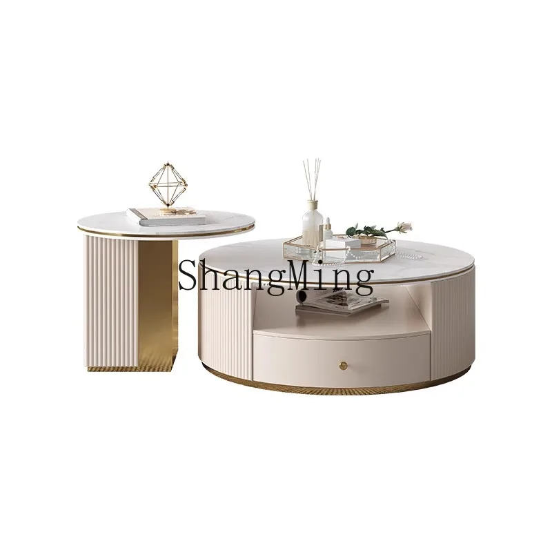 

HJ light luxury rock slab coffee table modern simple size round living room telescopic coffee table TV cabinet combination