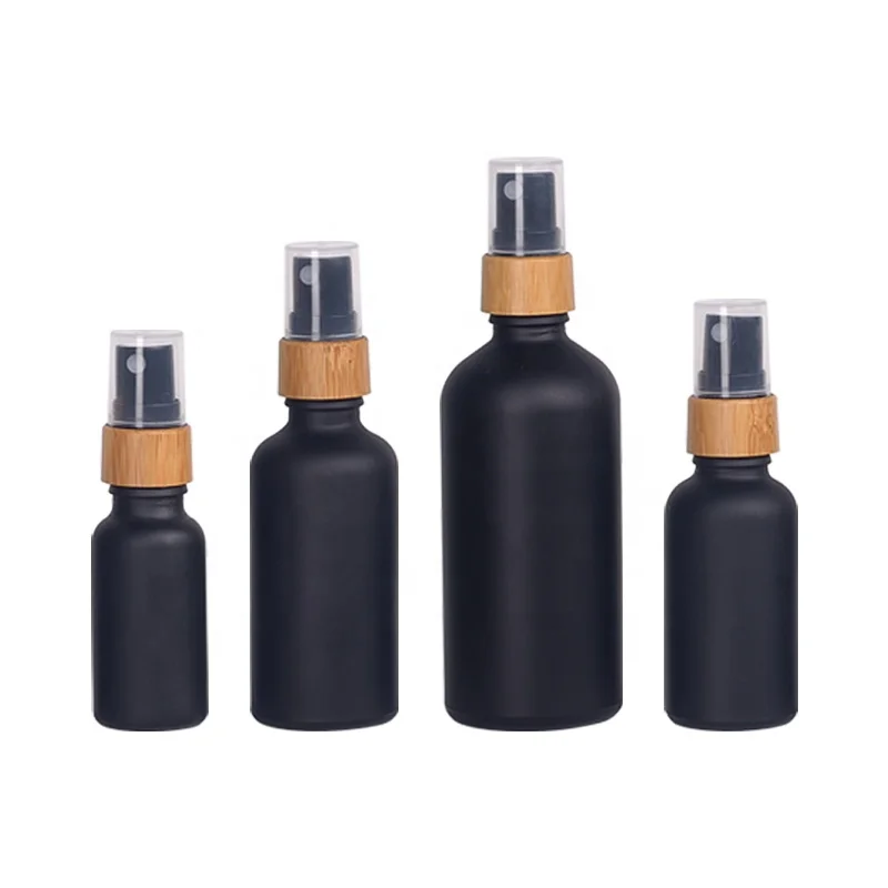 330pcs matte black glass bottles 10ml 30ml 50ml 100ml glass cosmetic bottles with 18 mm bamboo wooden fine mist sprayer