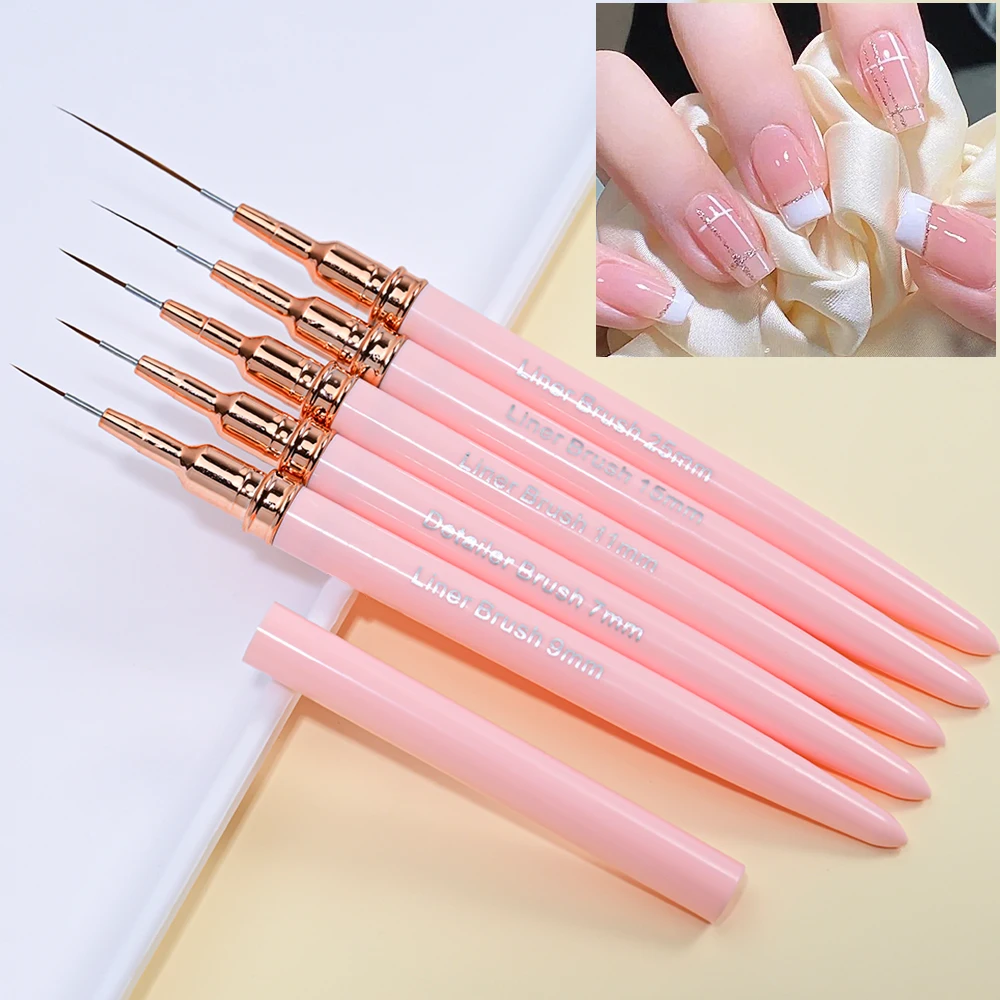 5Pcs/Set Pink Nail Art Liner Brushes 5 Sizes French Ultra-thin Lines Stripe Detail Drawing Pen UV Gel Painting Nail Brushes