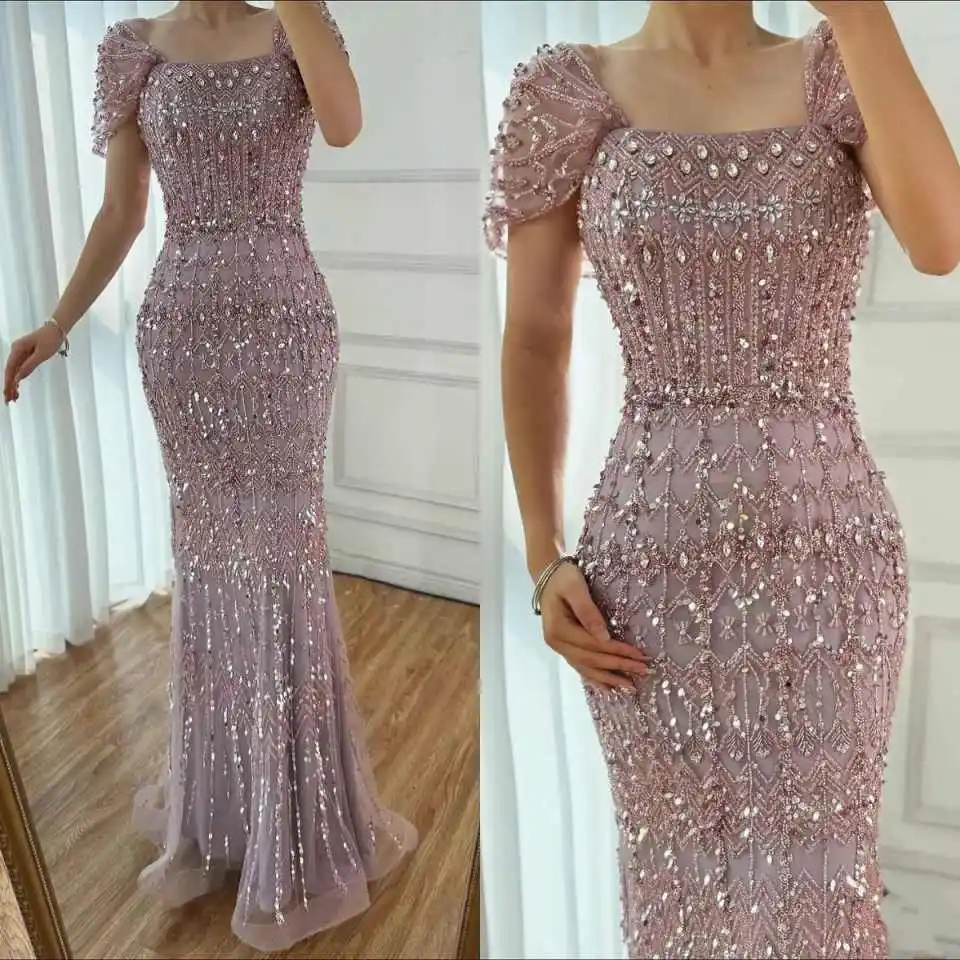 

Charming Beaded Mermaid Prom Gowns Square Neck Sleeveless Evening Dresses Crystals Birthday Party Customized