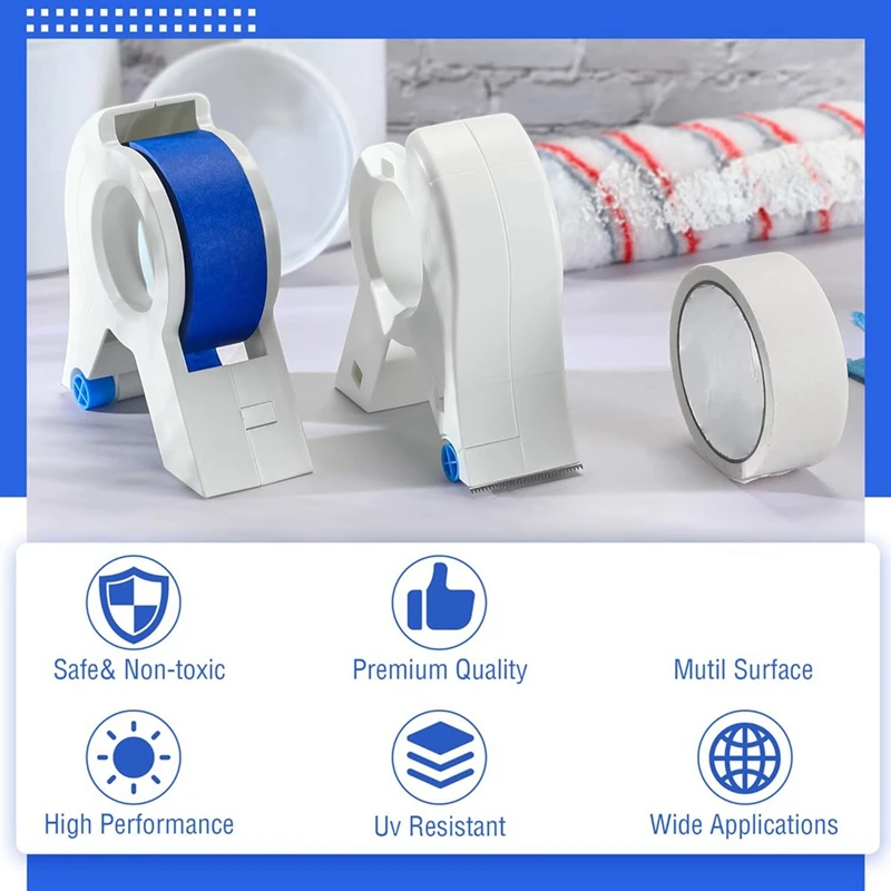 Portable Masking Set Sharp Tape Cutter With White Blue Each 1.4 Inch Painters Tape, 2 Pack