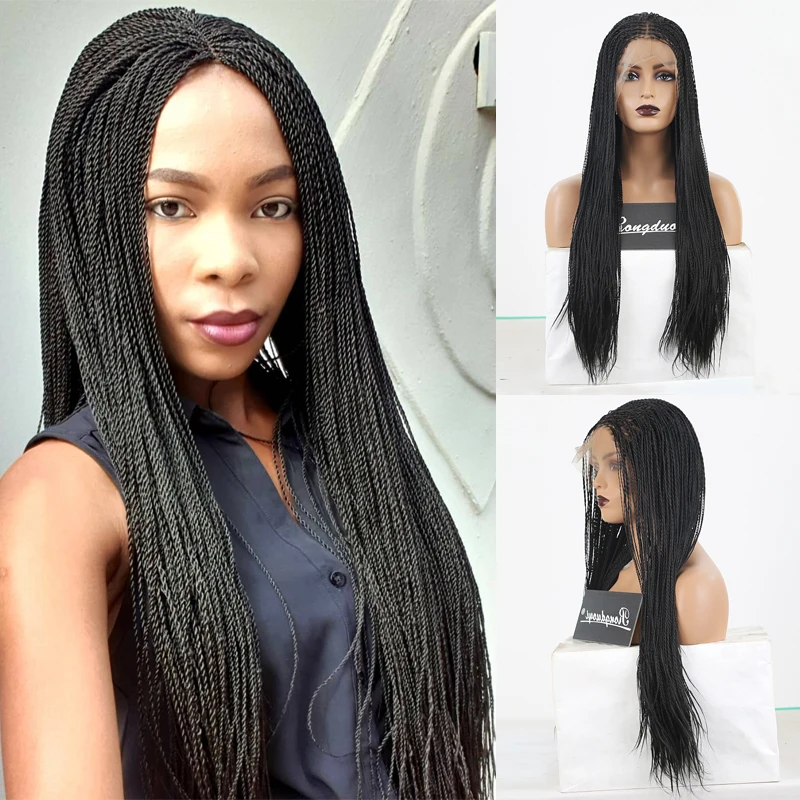 RONGDUOYI 500pieces 3 Braids Wig Synthetic Hair Lace Front Wig Long Heat Resistant Braided Wigs For Black Women Twist Braids Wig