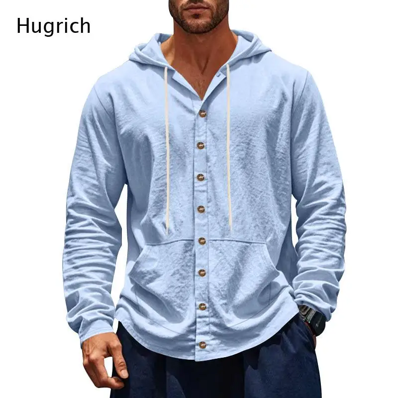 Men Drawstring Hooded Long Sleeve Button Down Shirt Front Pocket Casual Hoodie Shirts
