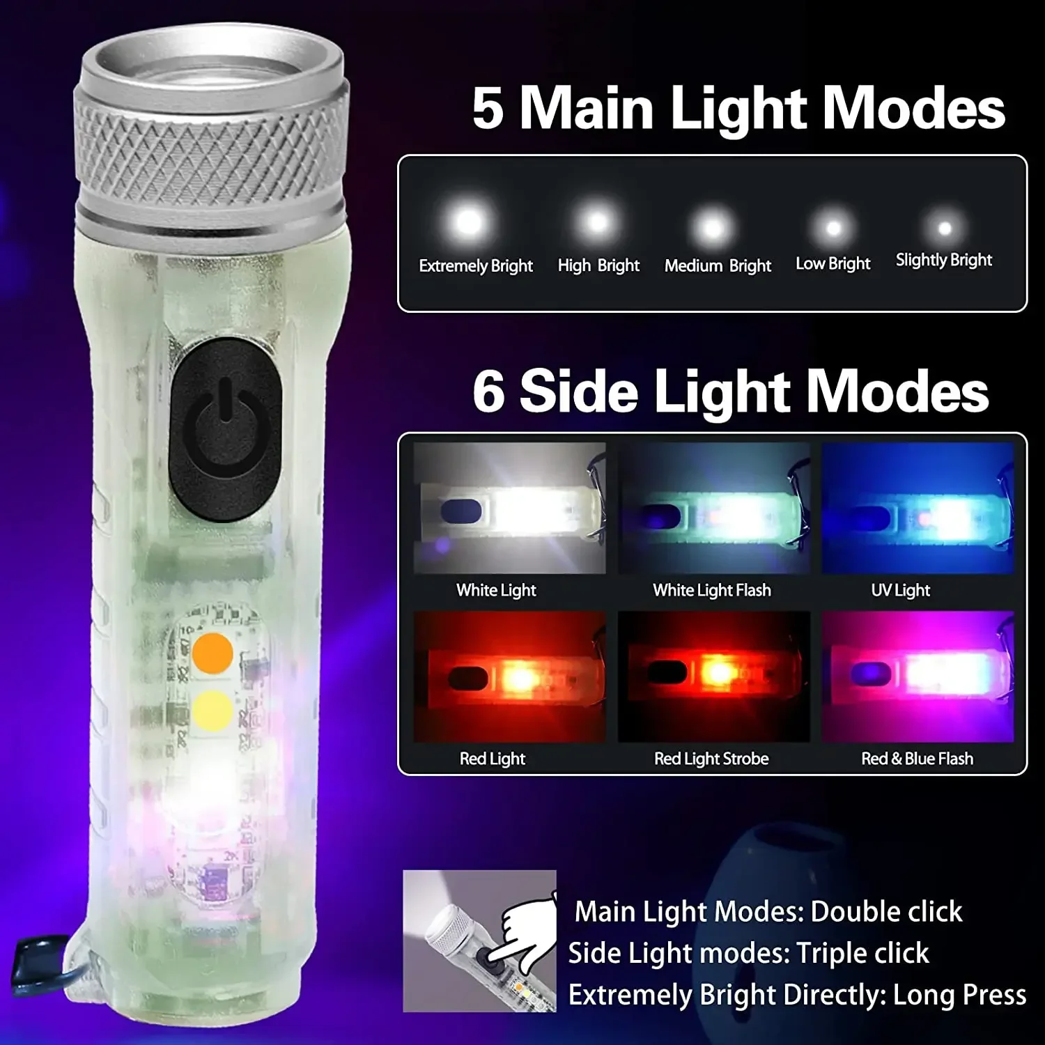 سلسلة مفاتيح صغيرة مصباح يدوي ليد ، مشعل قابل لإعادة الشحن ، محمول ، مغناطيسي ، شحن USB ، طاقة عالية ، تخييم ، فانوس طويل المدى