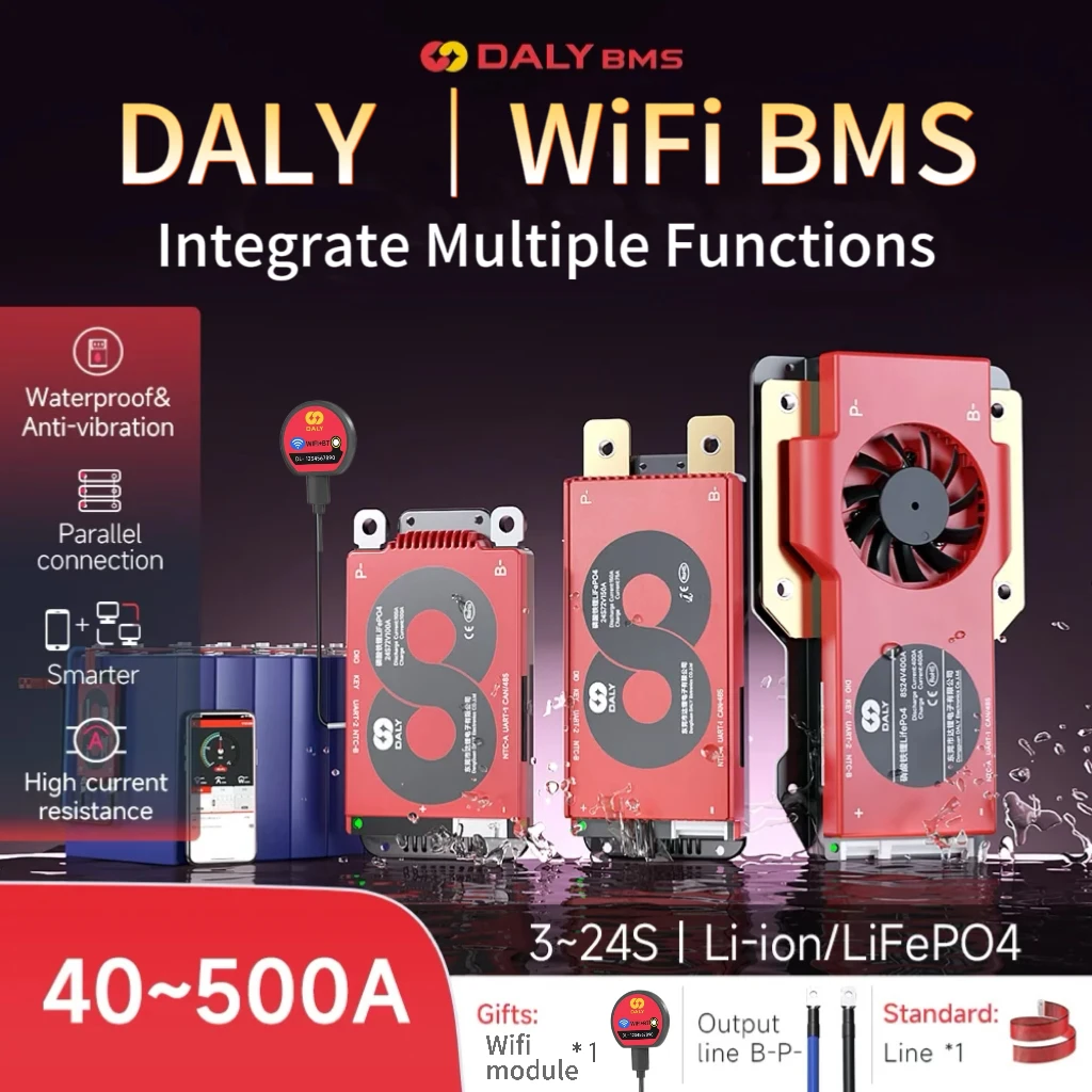 

DALY BMS WIFI BT RS485 CAN Parallel LiFePo4 4S 8S 16S 20S 24S Li-ion 3S 7S 13S 14S 12V 24V 36V 48V 60V 72V For lithium battery