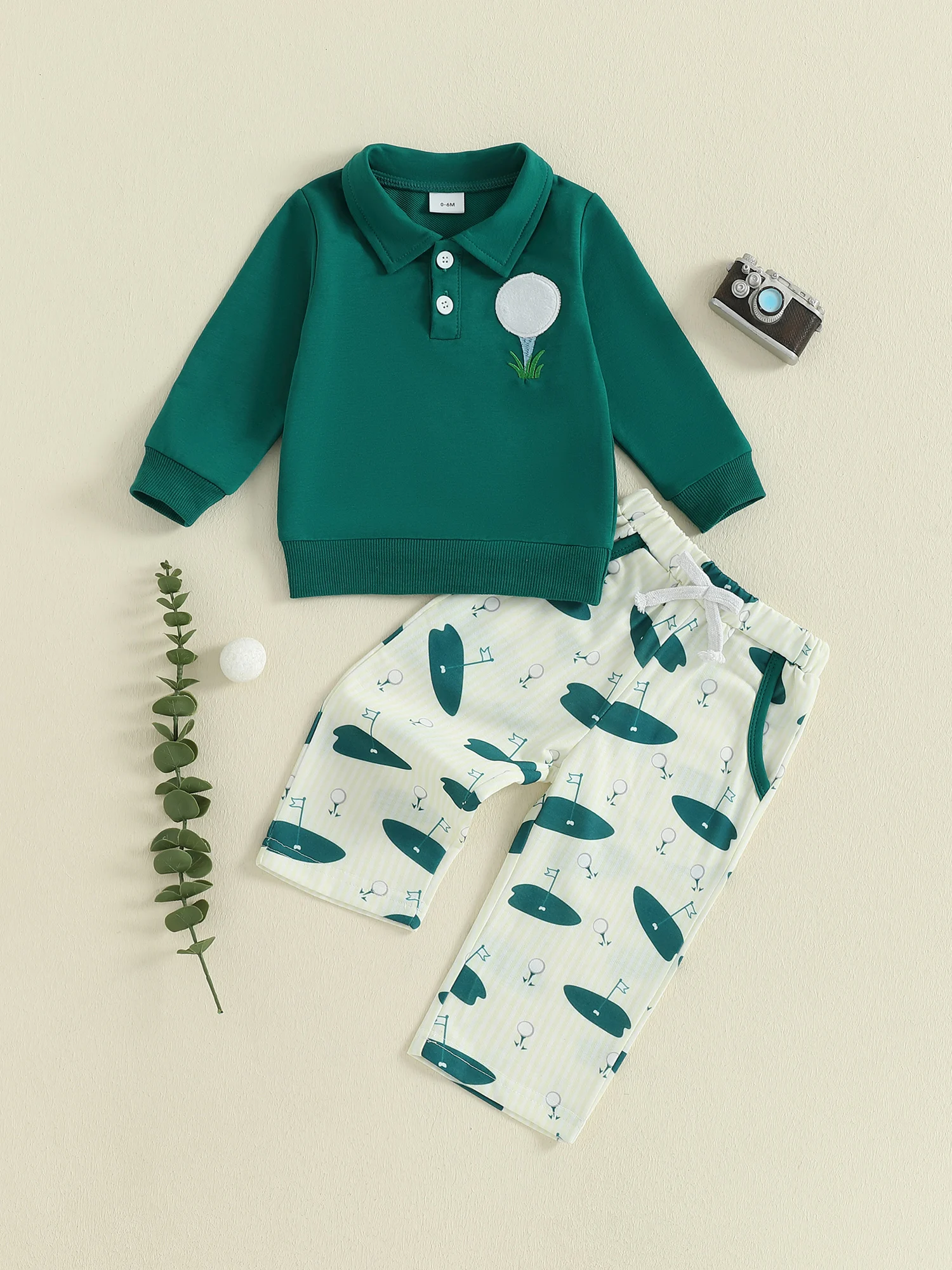 

Baby Boy Autumn Clothes Long Sleeve Lapel Button Pullover Elastic Waist Golf Print Pants 2 Piece Outfit Set