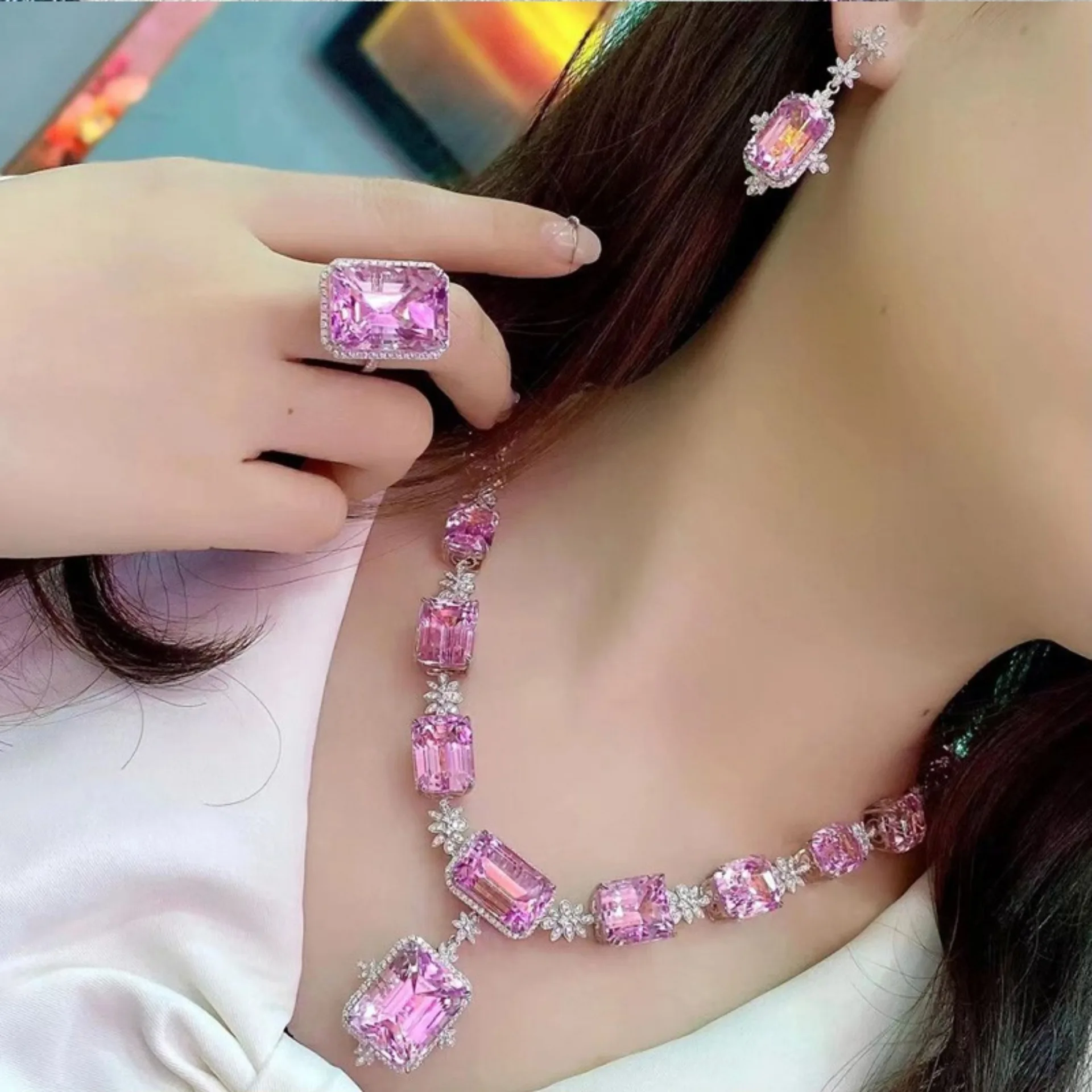 Delicate Temperament S925 Silver Square Pink Zircon Modern Necklace Ring Earring for Women Luxury Engagement Banquet Jewelry Set