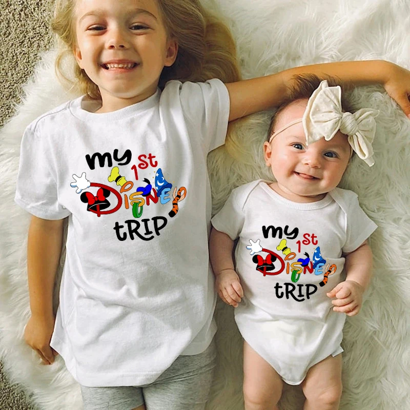 My 1st Disney Trip Family Matching Outfits Cotton Daddy Mommy Brother Sister Tshirt Baby Romper Family Mickey Minnie Clothes