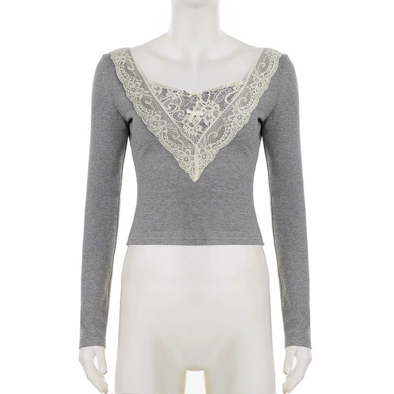 SUCHCUTE Faux Tweedelige V-hals Kanten T-shirt Basic Lange Mouwen Tees Voor Vrouwen Y2k Casual Tops Herfst Lente Kleding Harajuku nieuwe