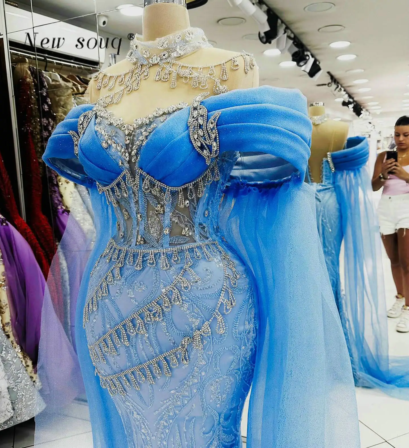 Arabic Blue Off Shoulder Mermaid Long Prom Dresses Formal Crystals Stones High Neck Sequins Wedding Guest Party Wear Gowns