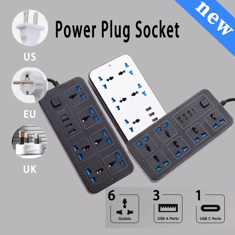 Power Multi Tap Universal Plug EU UK US Outlet Power Strip with 1.8m Extension Cord AC Type C USB Port Charge Electrical Socket