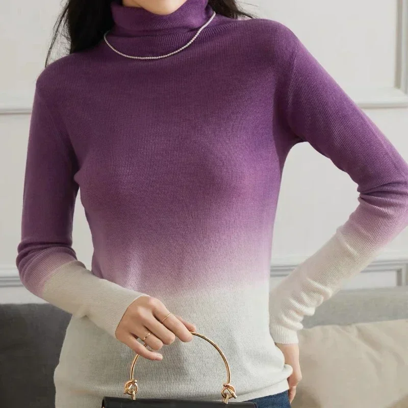 New Casual Turtleneck Pullovers Women Slin Fit Gradient Knitted Sweaters Women Autumn and Winter Fashion Soft Warm Sweater 29587