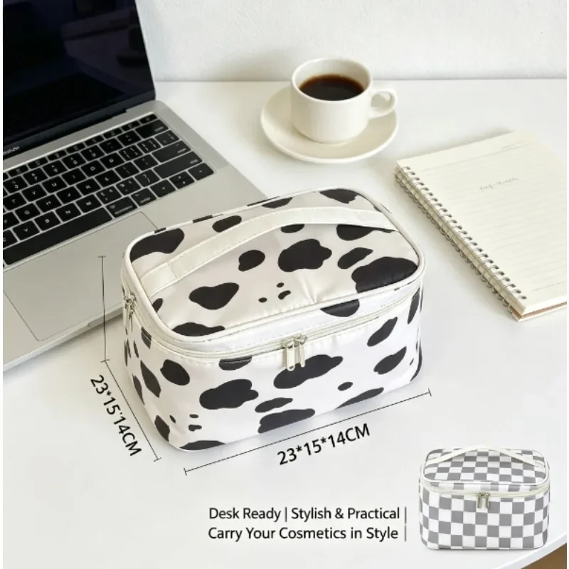 Cow Print Cosmetic Bag with Premium Appearance, Large Capacity Portable Travel Makeup & Wash Storage Pouch for Outdoor Trip