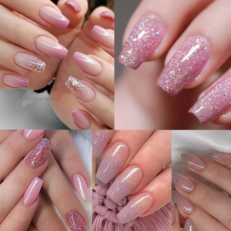 Mtssii 6 Pçs/set Rosa Glitter Gel Unha Polonês Conjunto Lantejoulas Base Semi Permanente Matte Top Coat Soak Off LED UV Nail Art Gel Verniz