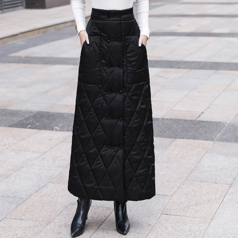 

Plain Black Button Down Filled Maxi Long Skirt Women Winter Plus Size Elastic Waist Casual A-line Quilted Wrap Skirt