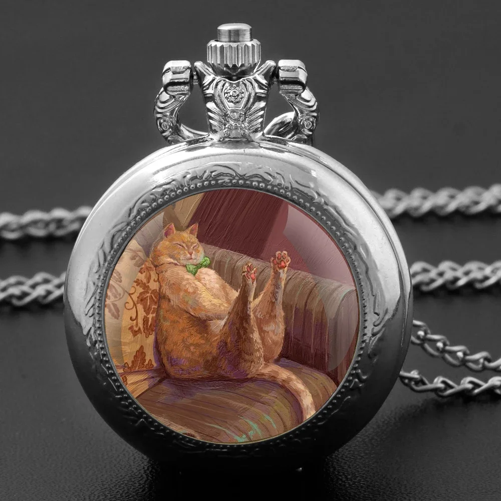 Lazy Cat Fun Pattern Pocket Watch - Glass Dome Quartz, Durable Chain for Easter Gift