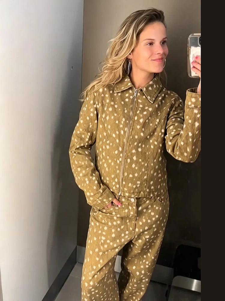 Vintage Deer Spot 2 Piece Set Women Full Zip Slim FIT Cropped Top High Waist Straight Long Pants Outfit Street Ladies Tracksuit