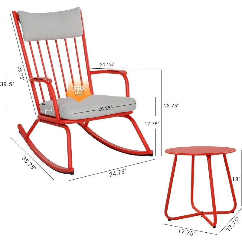 3-PieceOutdoor Rocking Chair Set, Steel Rocking Chairs with Cushions and 18-inch Small Round Side Table, Outdoor Bistro Set.