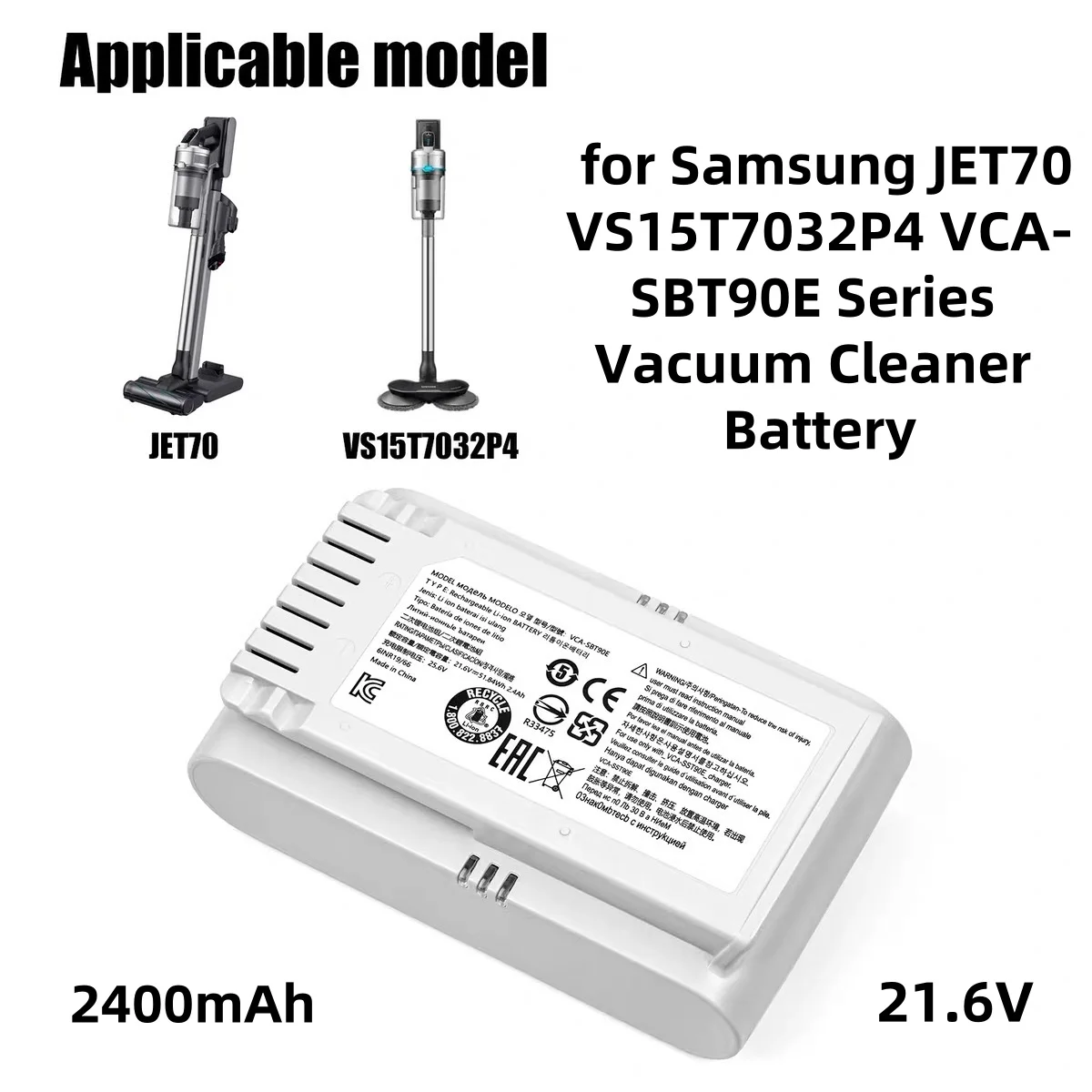 2400mAh 21.6V Dust Collector Battery for Samsung JET70 VS15T7032P4, VCA-SBT90E, VS15R8542S1 Dust Collector Battery Accessories