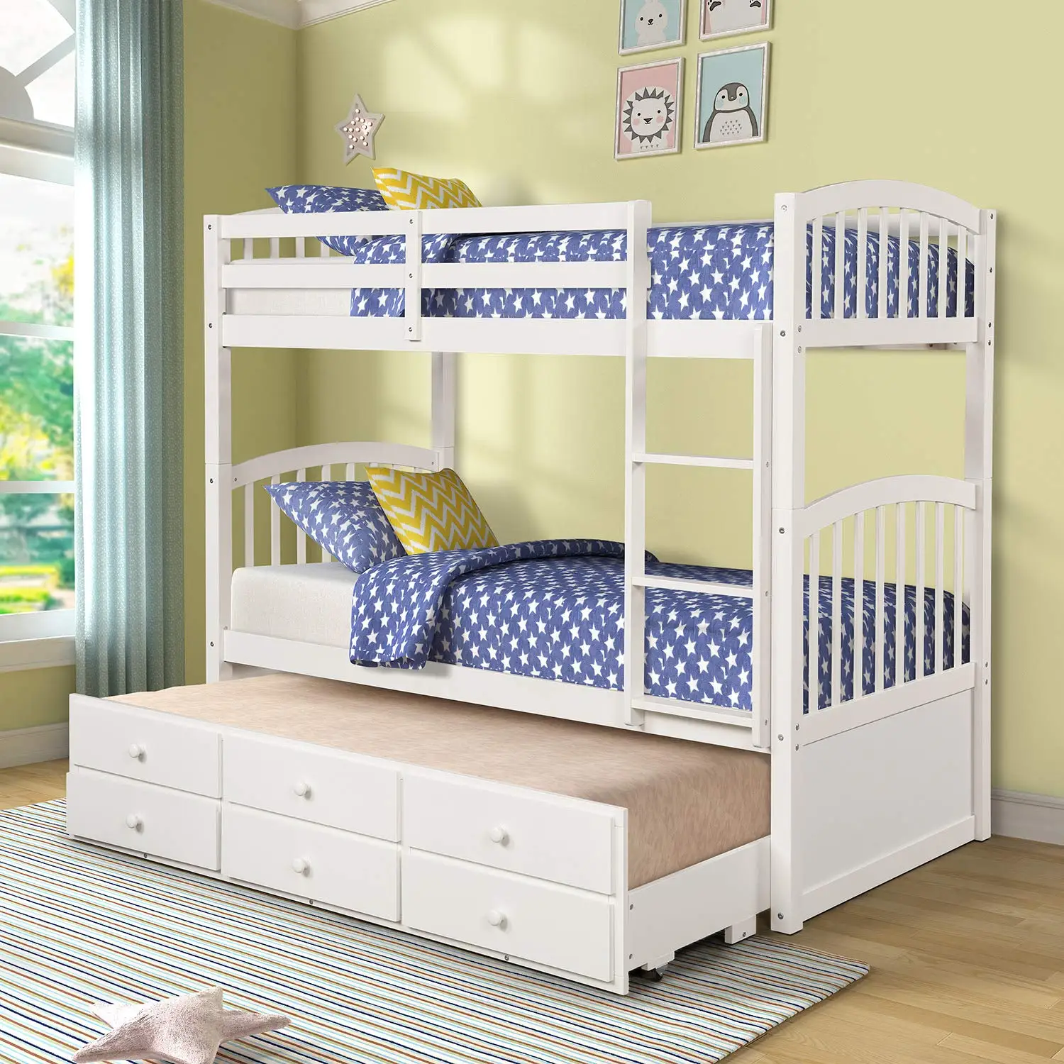 Twin Over Twin Bunk Bed with Trundle & 3 Drawers, Safety Rail, Removable Ladder, Separable into 3 Beds, White, Customized image 6