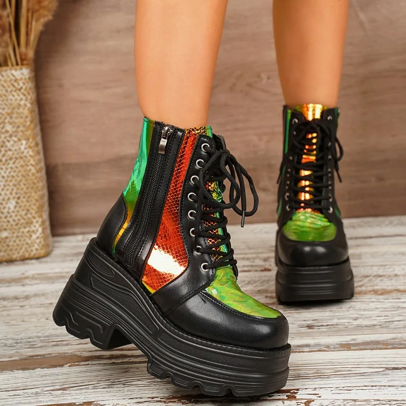 Spring and Autumn Women's Color Blocking Vintage Comfortable Wedge High Heel Mid Boots Women Side Zipper Fashionable Mid Boot