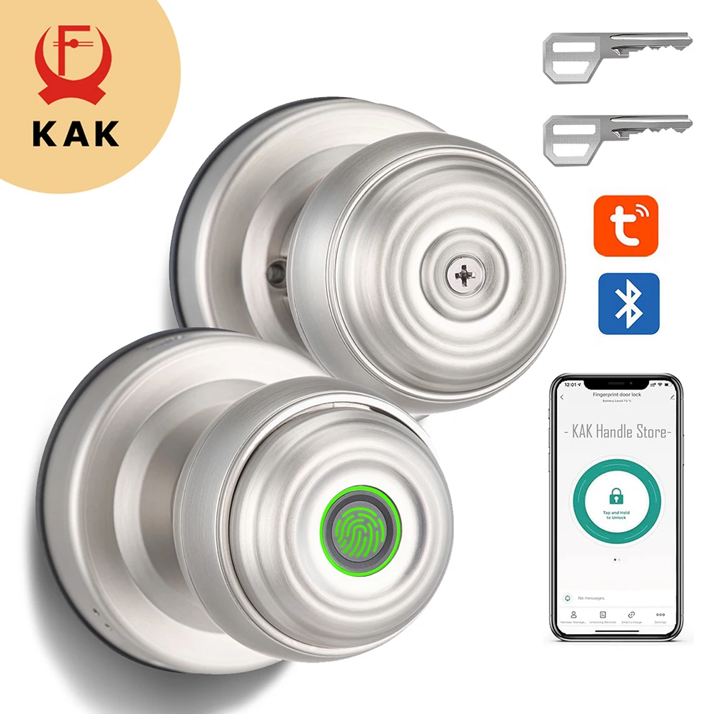 

KAK Fingerprint Door Lock with Knob Cylinder Smart Lock Keyless Entry Door Lock with APP Black Smart Fingerprint Lock Door Knob