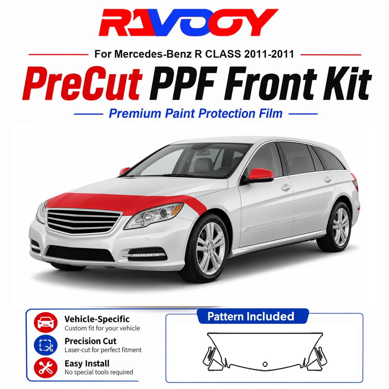 

8.5mil TPU Precut PPF Kit For Mercedes-Benz R CLASS 2011-2011 - Hood, Fenders & Mirror Set - Self-Healing Clear Bra Film