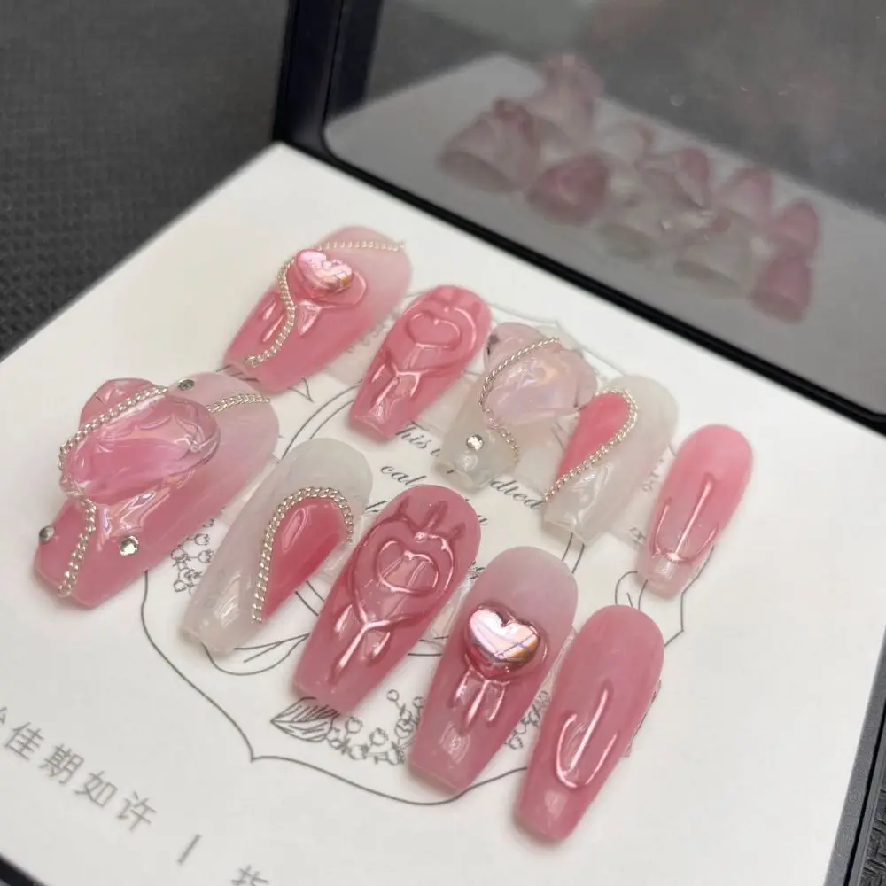 10Pcs Hand-painted love Pure Manual False Nail XS S M L Full Cover Love chain Fake Nail with Tool Box with Rhinestones