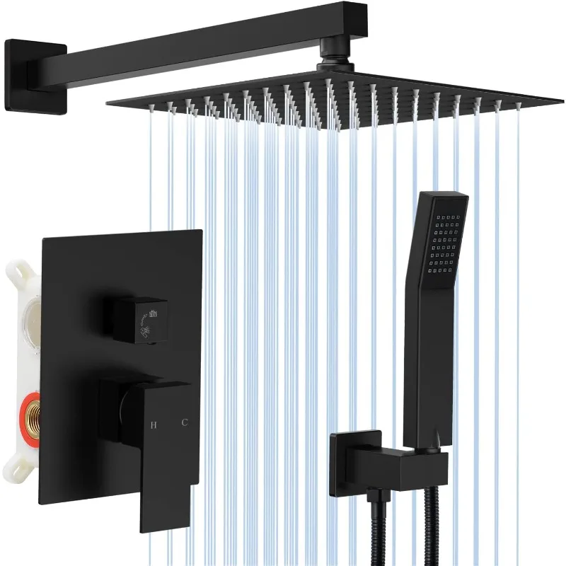 

Matte Black Rain Shower System 10 Inch Rainfall Shower Head Wall Mount Shower Faucet Set with 2 in 1 Handheld Showerhead Rou