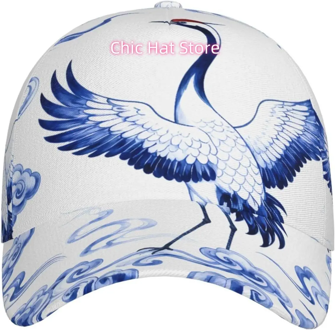 Blue and White Porcelain Crane Pattern Baseball Cap Adjustable Cotton Baseball Hat for Sports, Outdoor, Travel Gifts for Men