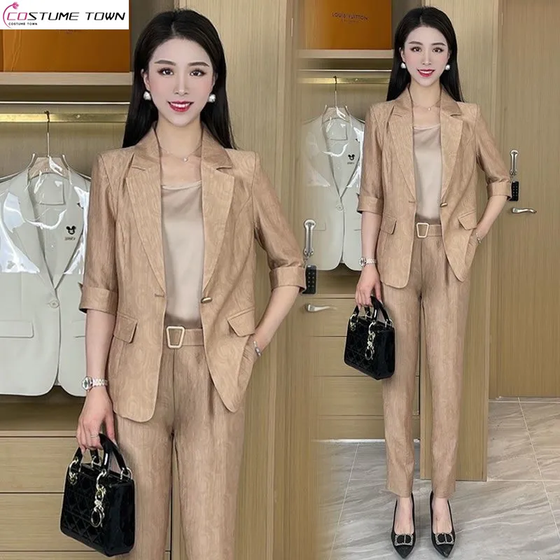 

Internet Celebrity Temperament Suit for Women's Summer New Korean Version Slimming Suit+suspender Harlan Pants Three Piece Set