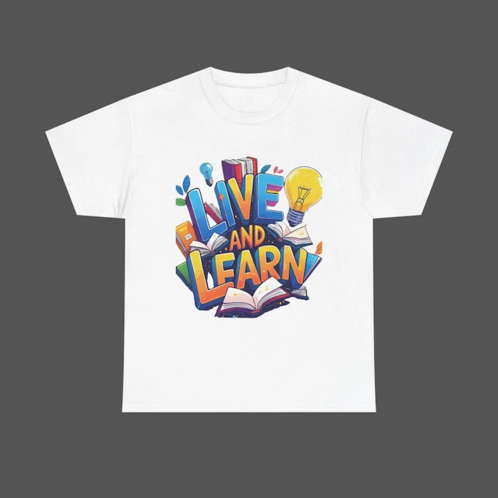 มีชีวิตอยู่และเรียนรู้เสื้อยืดที่สร้างแรงบันดาลใจผู้ชายผู้หญิงนักเรียนเสื้อทีท็อปส์คนรักหนังสือเครื่องแต่งกายการศึกษาชุดลำลองวิทยาลัยของขวัญเสื้อ