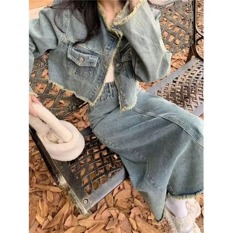 Gonna cappotto di jeans da donna set da 2 pezzi capispalla con nappe retrò giacca a maniche lunghe autunnale gonna di jeans a vita alta abiti da