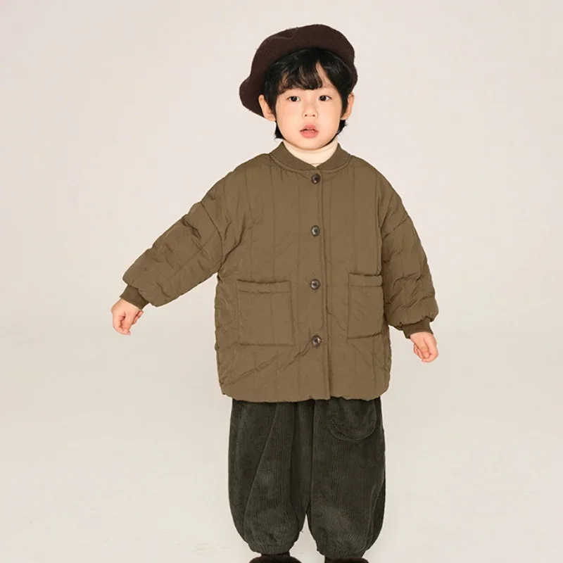 

2025 зимняя детская куртка с хлопковой подкладкой, От 2 до 7 лет, простой стиль, парки средней длины для мальчиков, плюшевое бархатное теплое утепленное пальто для девочек