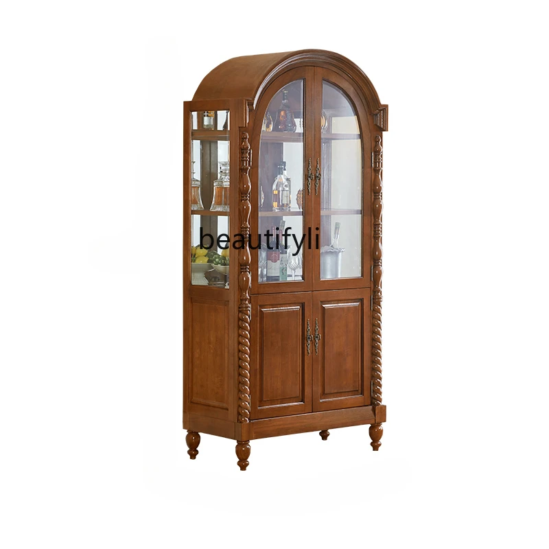 

American-Style Solid Wood Wine Cabinet Sideboard Cabinet Living Room Locker Glass Retro Arched Double-Door Bookcase