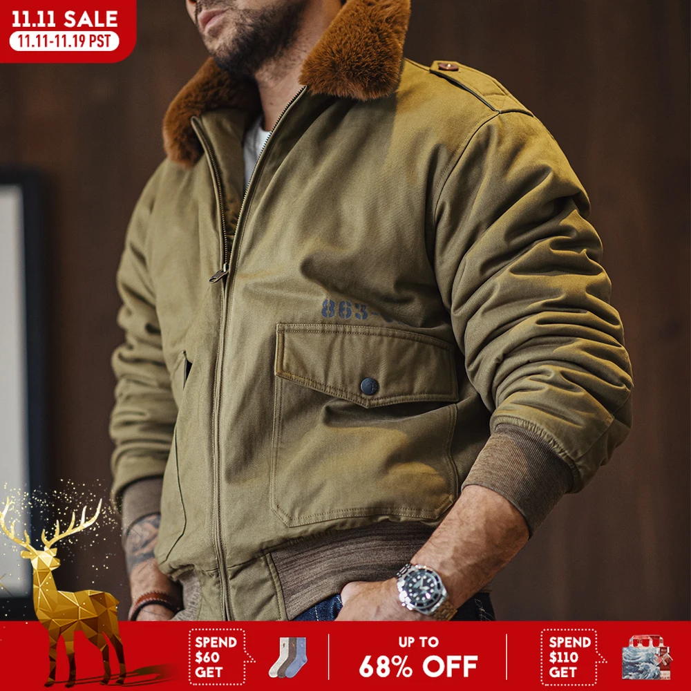 

Maden Vintage B10 Bomber Jacket Zippered Cotton Flight Coat with Fur Collar Lapel Pockets Green Cotton Jacket for Men's Winter