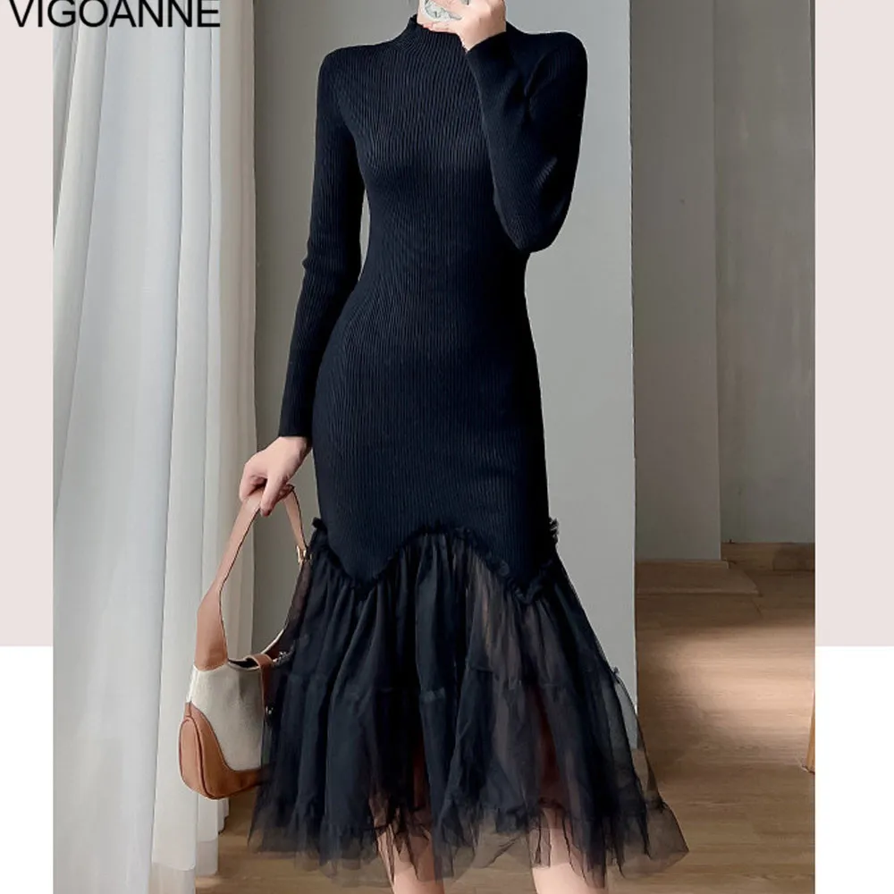 VigoAnne 2025 Woman Solid Long Sleeve Knit Dress Spring Autumn Mesh Mermaid Korean Dresses Lady Evening Party Tight Long Dress