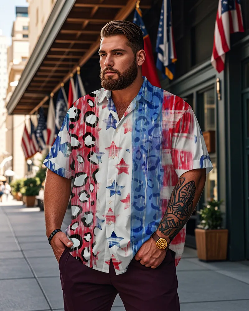 S-9XL Plus Size Men's USA Flag Print Short Sleeve Shirt, 4th of July Patriotic Casual Button-Down