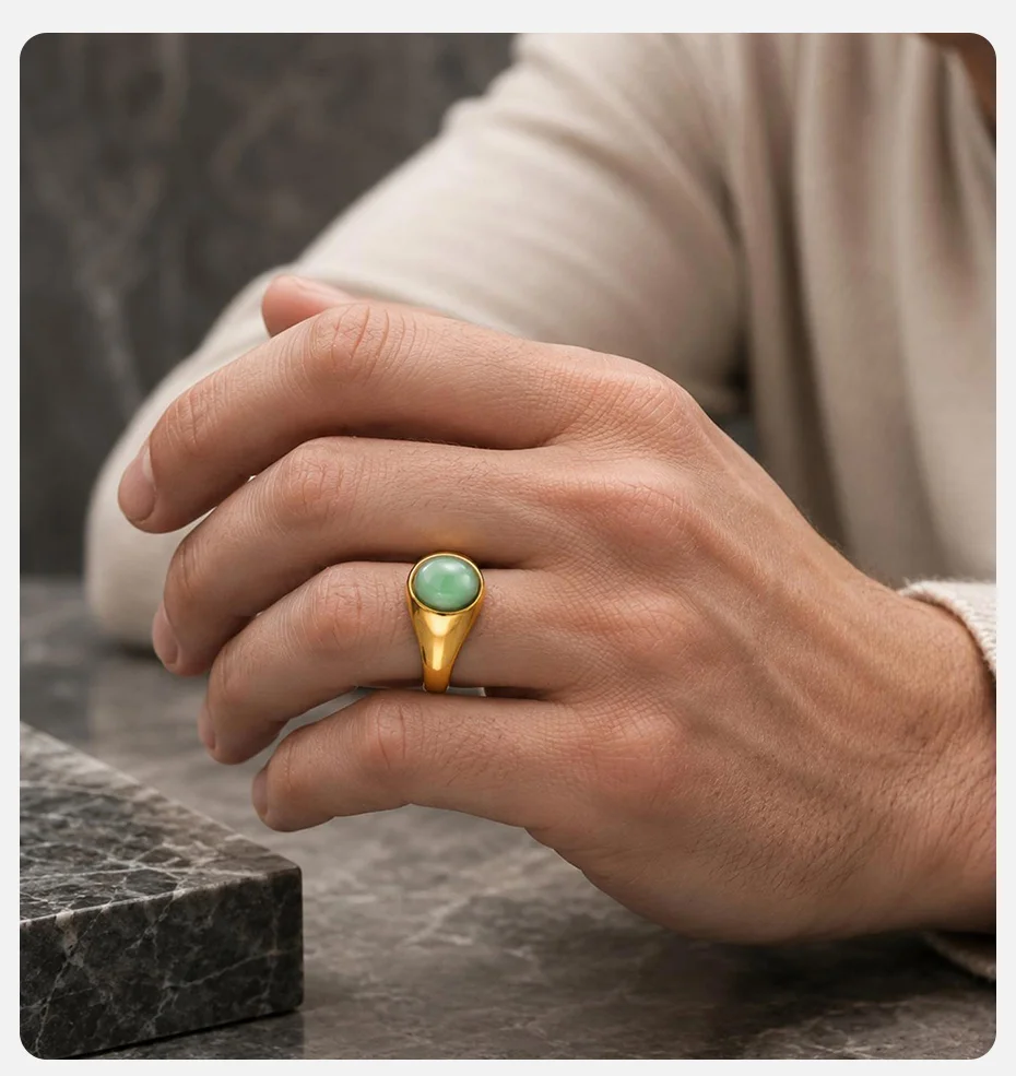 Vnox Herren-Siegelring, grüner Achat, goldfarbenes Edelstahlband, täglicher Fingerschmuck, Geburtstags- und Hochzeitsgeschenk für Herren – Detail 3