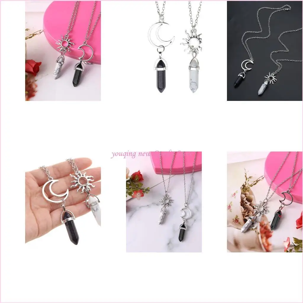 57QA 2 Pieces Sun and Moon Crystal Couple Necklace Symbolize Love for Lovers