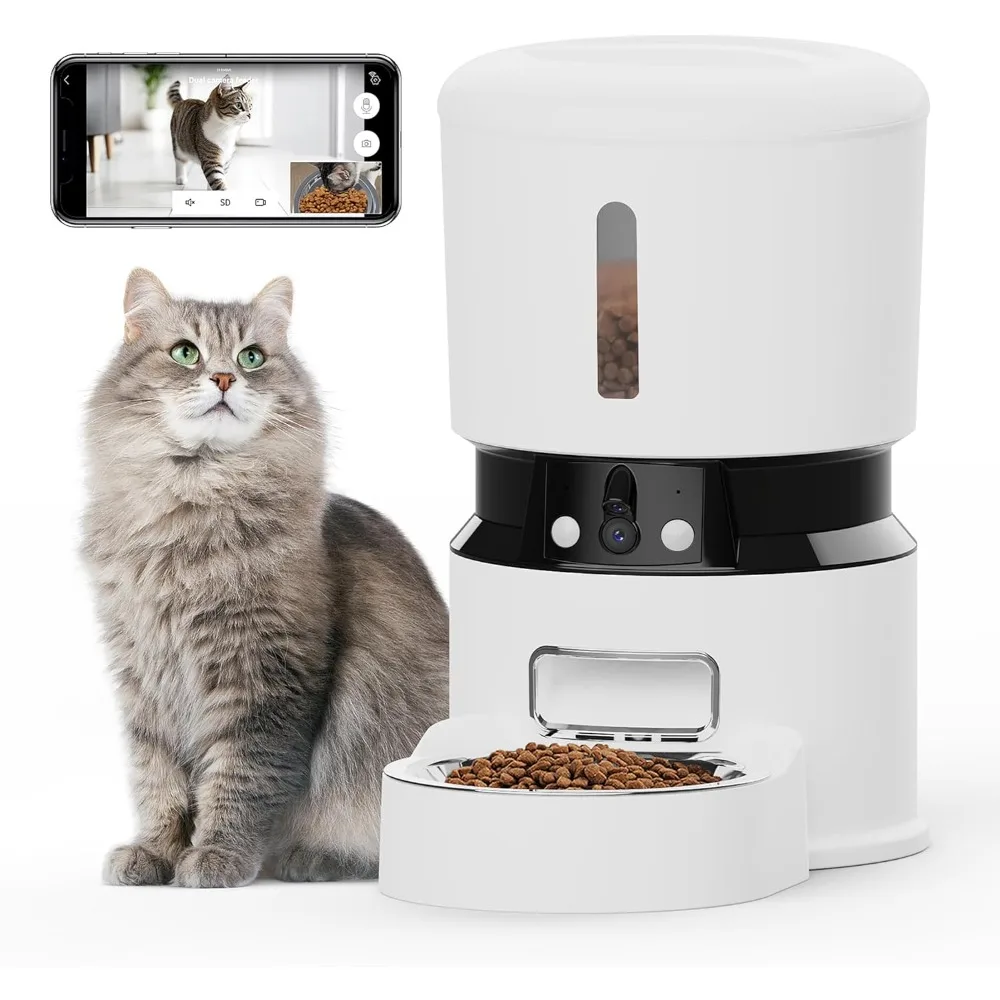 2 cameras for automatic cat feeding, 1080P HD cat food machine,night vision 5g and 2.4g WiFi pet feeder, removable,easy to clean