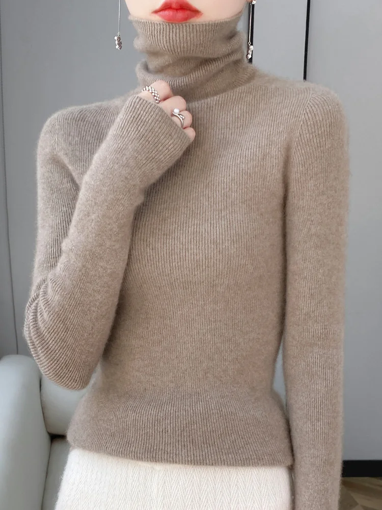 Women's Turtleneck Long Sleeve Pullover Sweater Slim Basic Clothing Spring Autumn 100% Merino Wool Knitwear Comfort Tops