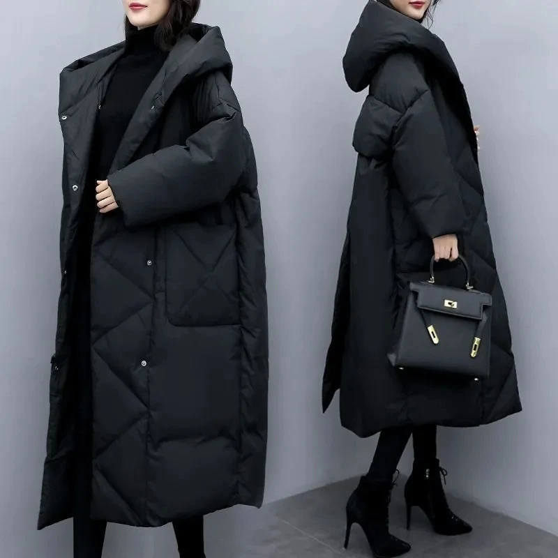 Winter Puffer Jacket Korean Loose Thick Warm Black Hooded Coat 2023 Women Down Cotton Parkas Women Long Overcoat Parka Outerwear