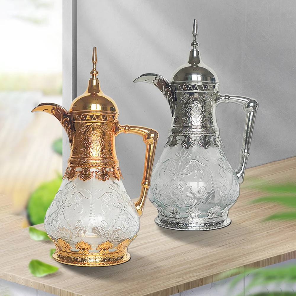 Arabic luxury style cold water kettle, Embossed patterned glass cooling water bottle, Home large capacity flower tea pot, 1.6L