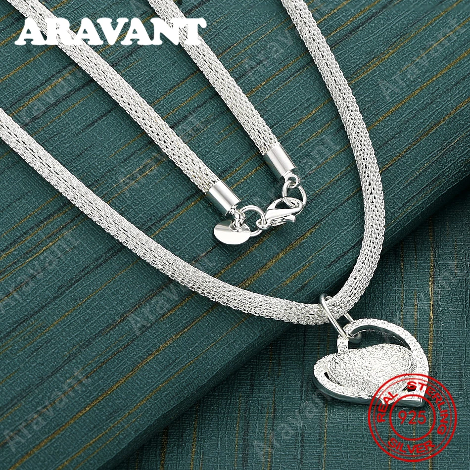 925 Sterling Silver Frosted Heart Pendant With Frosted Mesh Necklace - Commuter Accessory, Christmas Gift Jewelry