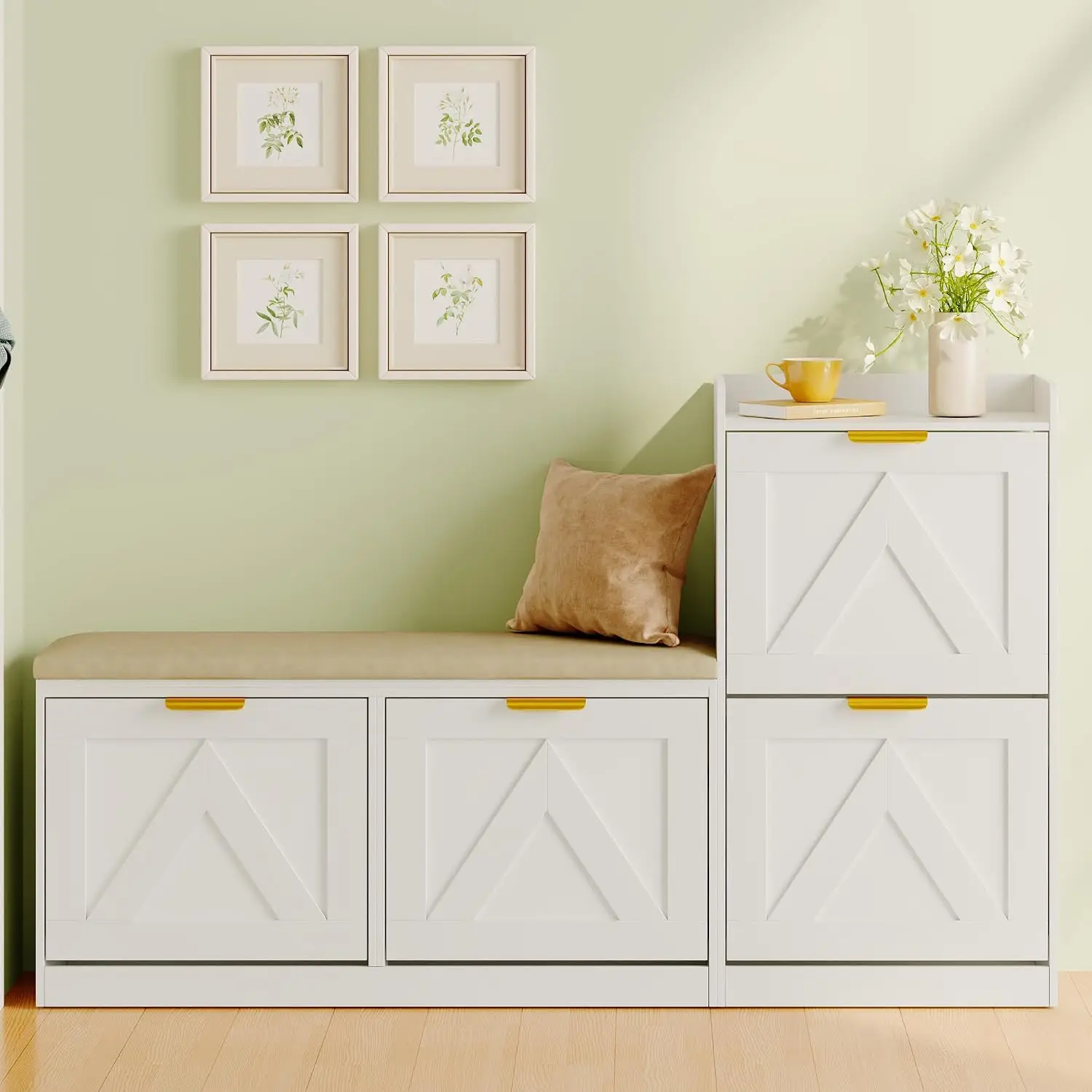 Farmhouse Shoe Cabinet Bench 4 Flip Drawers Entryway Storage Cushioned Seat Freestanding Rack Hallway Living Room, Customized