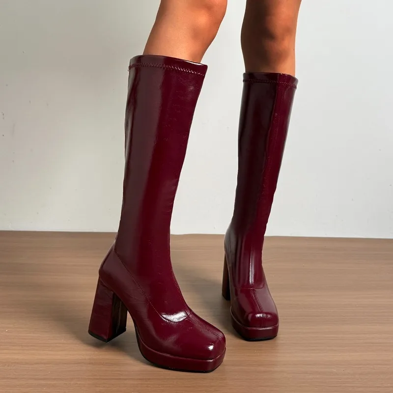Burgundy High-heeled Boots Female 2025 Popular Temperament Without Knee Knight Boots Waterproof Platform Thick Bottom image 4