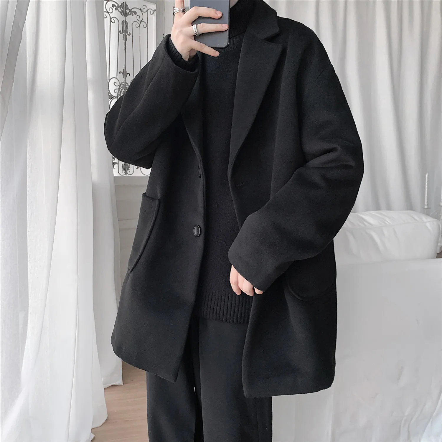

Autumn Winter Men's Woolen Coat Long Loose Sle Korean Faion Youth ular Single Button Casual Outerwear Jaet