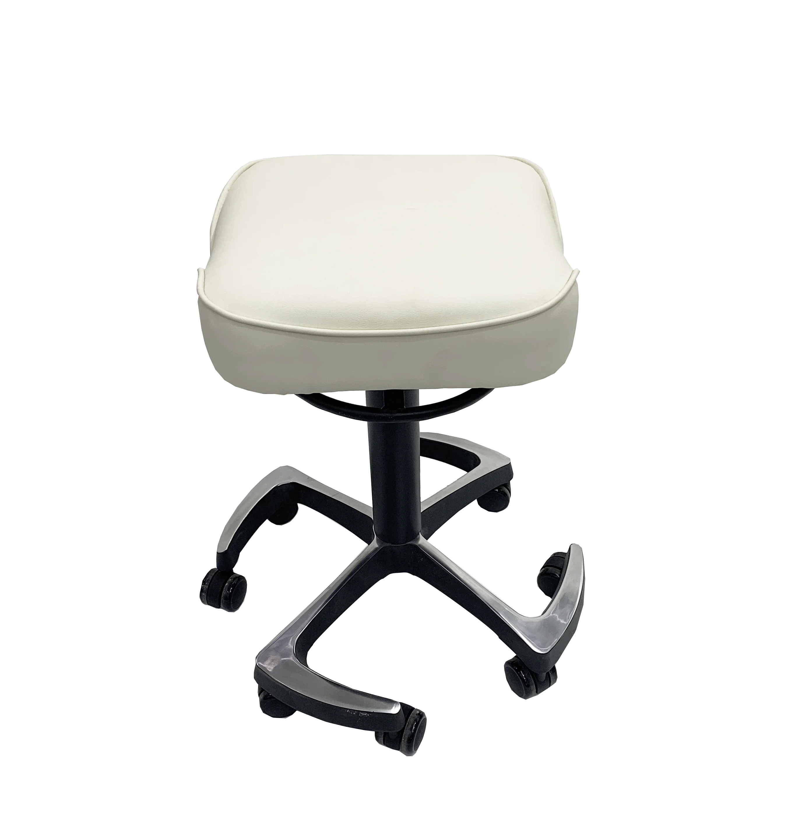 Modern white rolling manicure stool for nail technicians, professional hydraulic beauty stool with upholstered seat and wheels