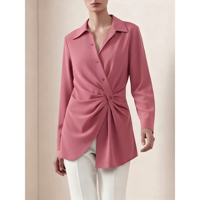 

Women's Blouses Pink Twist Front Office Lady Shirts 2026 Fashion Lapel Long Sleeve Urban Commuting Pullovers Tops 191877